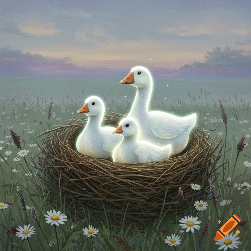 Two adult geese and one gosling sitting in a large nest in a field at dusk, glowing slightly.