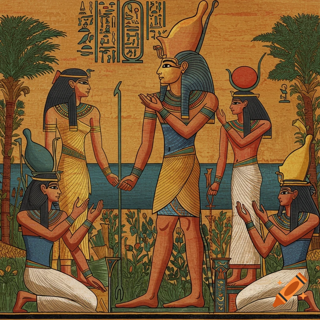 Ancient Egyptian style shows figures, hieroglyphs, plants, and water.