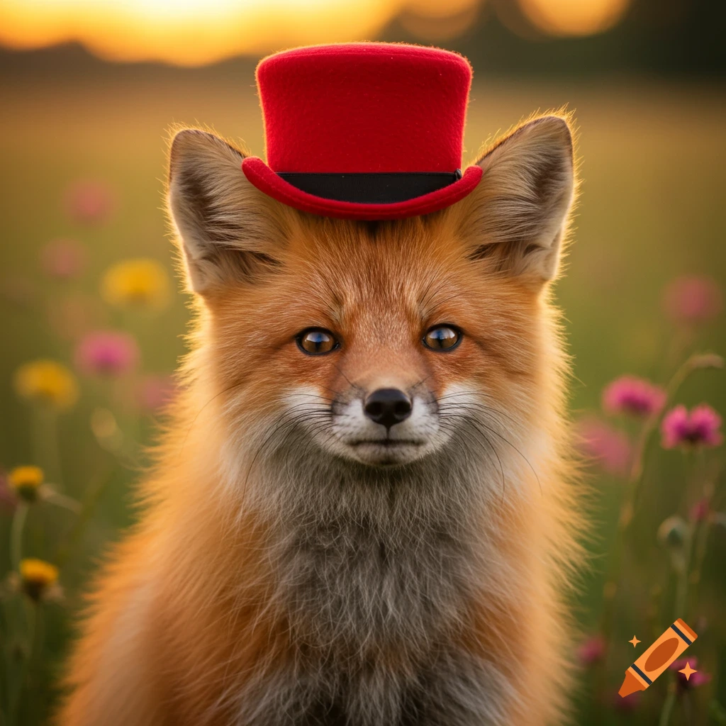 A cute fox wearing a red top hat sits in a field of flowers.