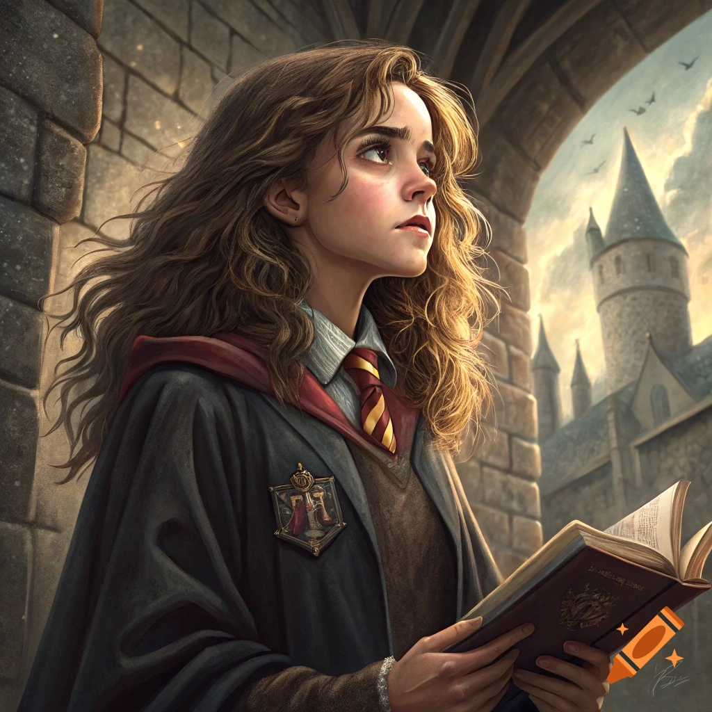 Young woman resembling Hermione Granger in wizard robes holding a book outside Hogwarts castle.