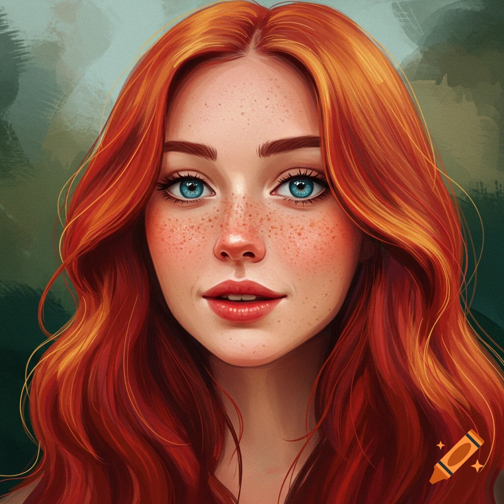 Portrait of a young woman with long red hair, blue eyes, and freckles