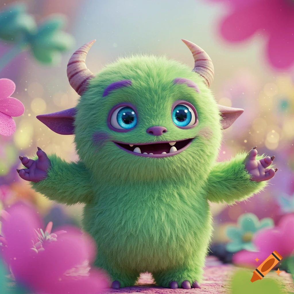 Cute green furry monster with blue eyes smiling in a whimsical forest.