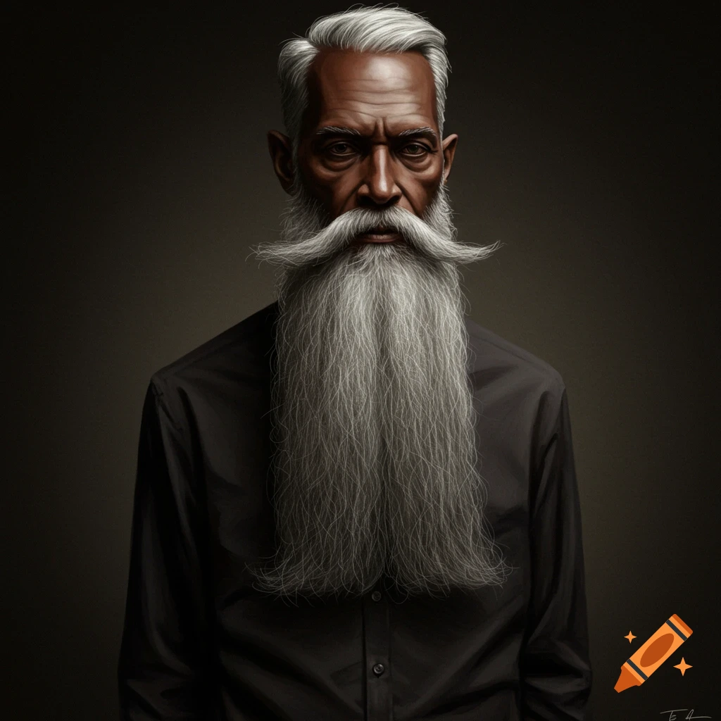 An old man with brown skin, grey hair, and a long grey beard wearing a black shirt.