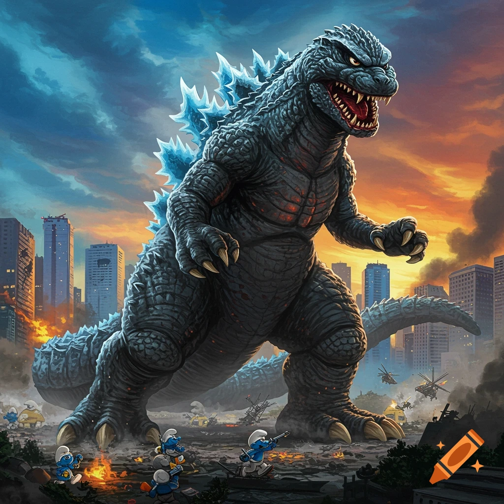 A massive Godzilla-like creature towers over a destroyed city as small Smurfs battle it below.