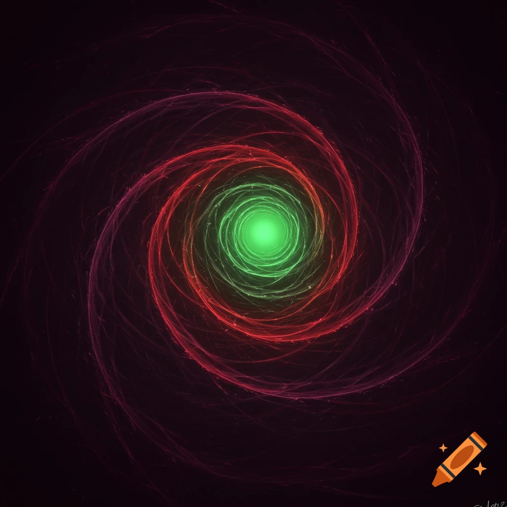 Abstract swirling green and red vortex against a dark background.