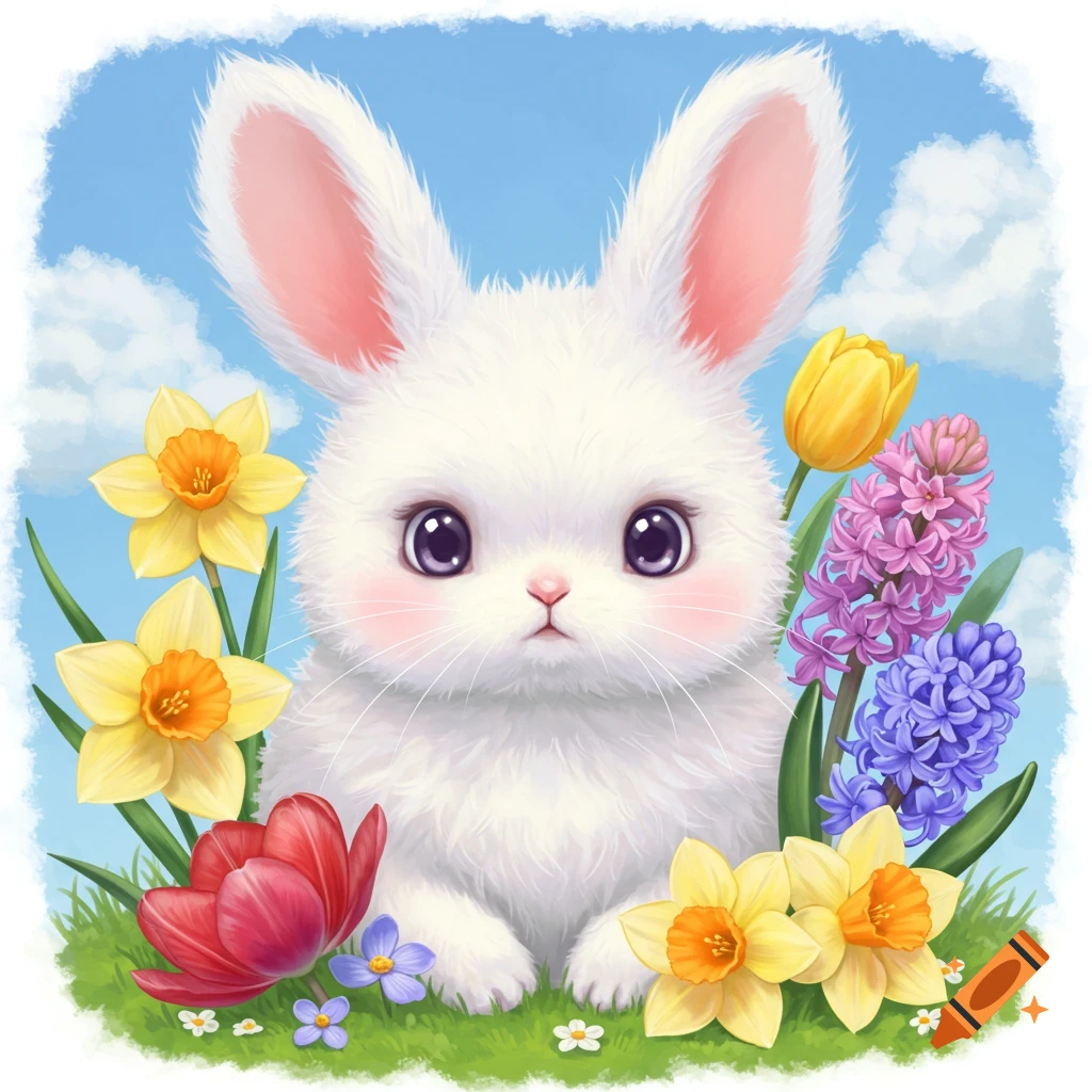 A cute white bunny sits among colorful spring flowers (daffodils, tulips, hyacinths) in a grassy field under a blue sky.