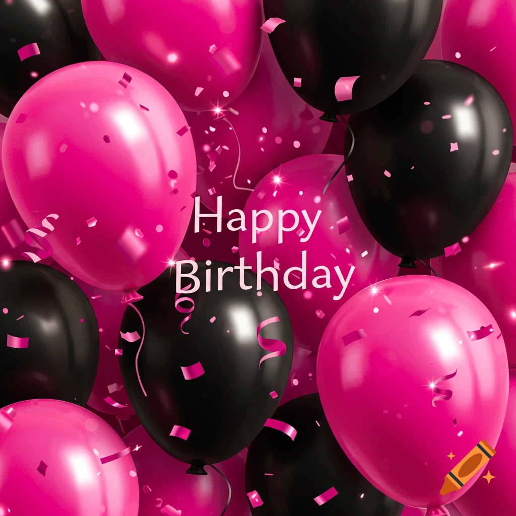 Pink and black balloons with confetti and 'Happy Birthday' text.