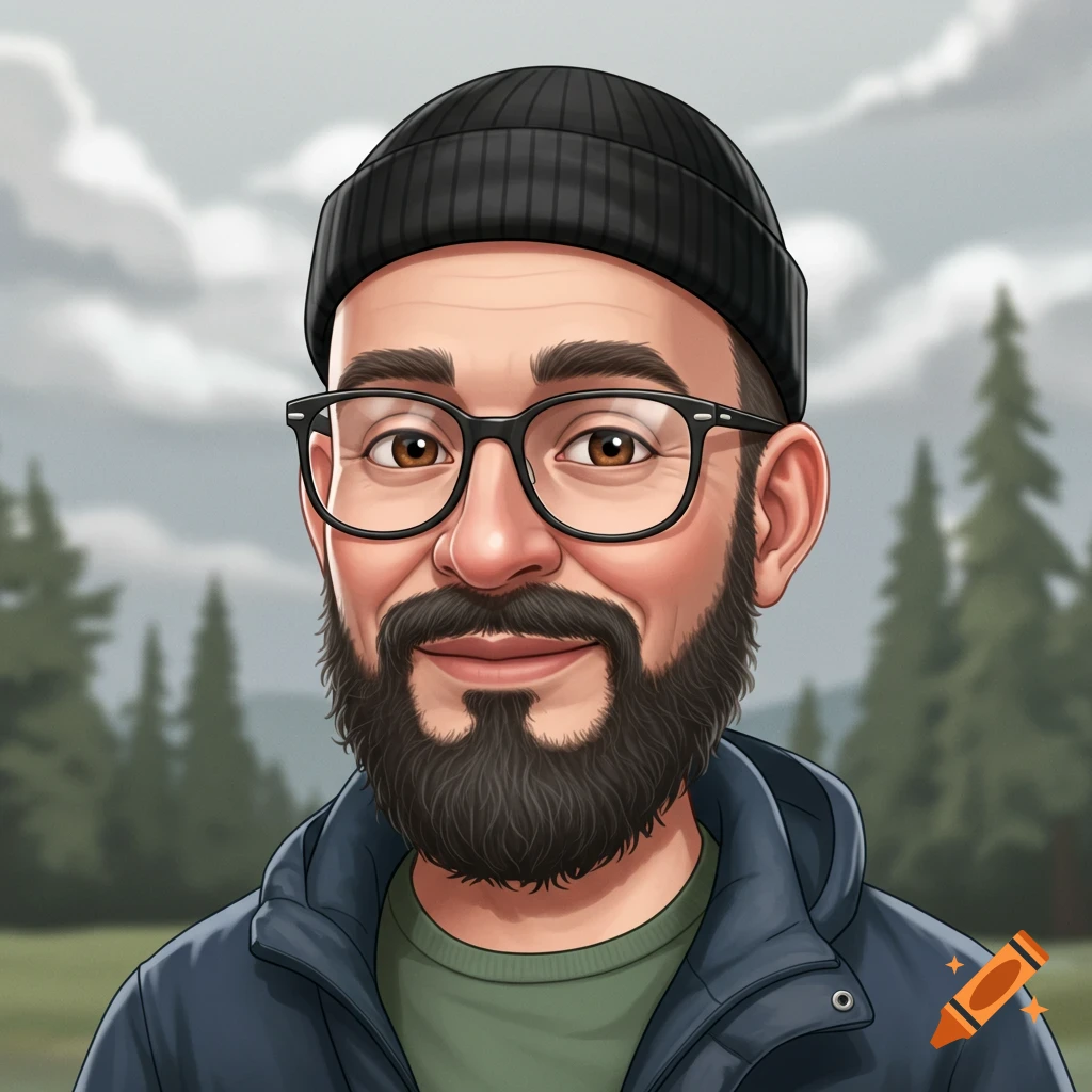 Cartoon portrait of a man with glasses, beard, and beanie in a forest.