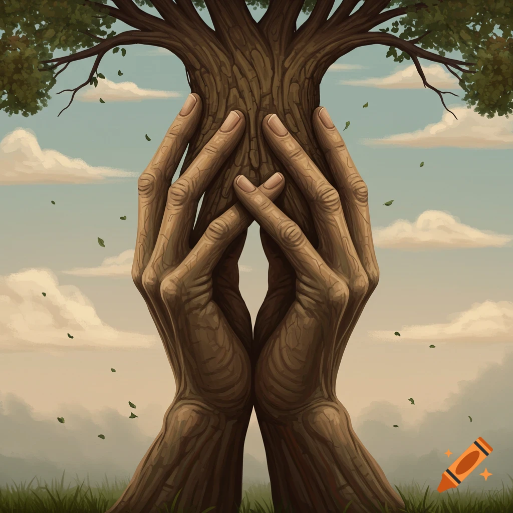 Hands forming a tree trunk with branches and leaves against a cloudy sky.