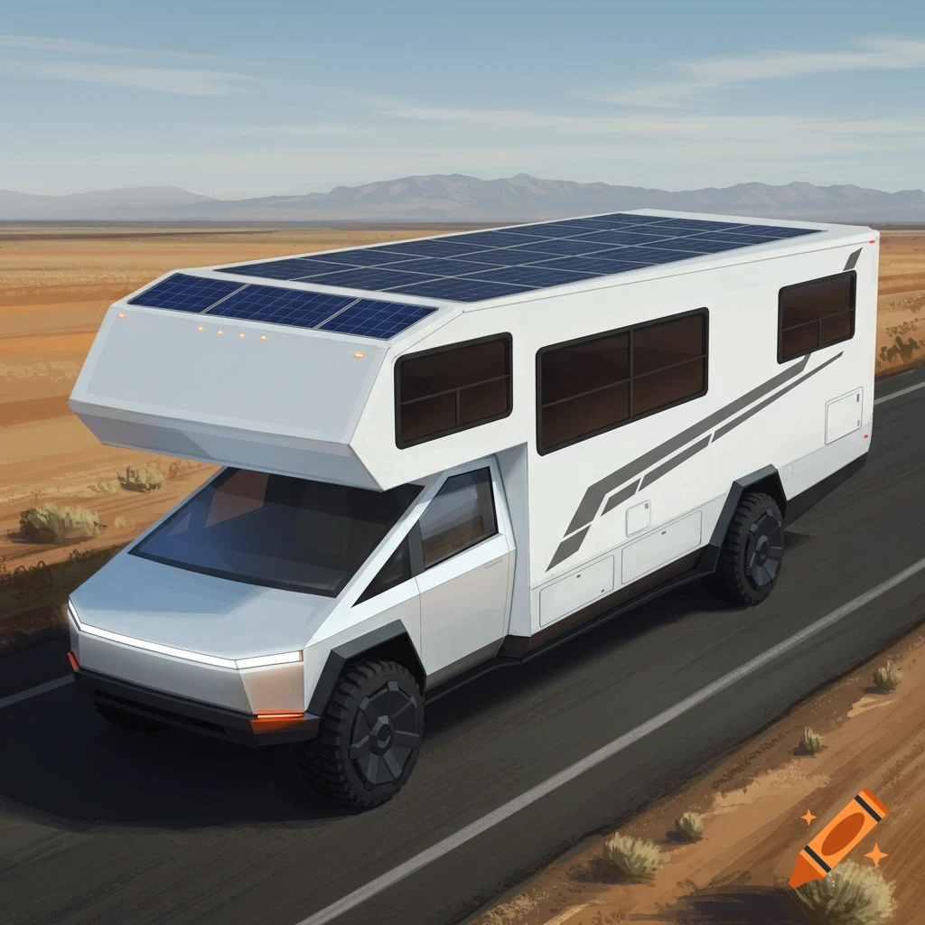 A futuristic white motorhome based on a Tesla Cybertruck drives on a road in a desert landscape.