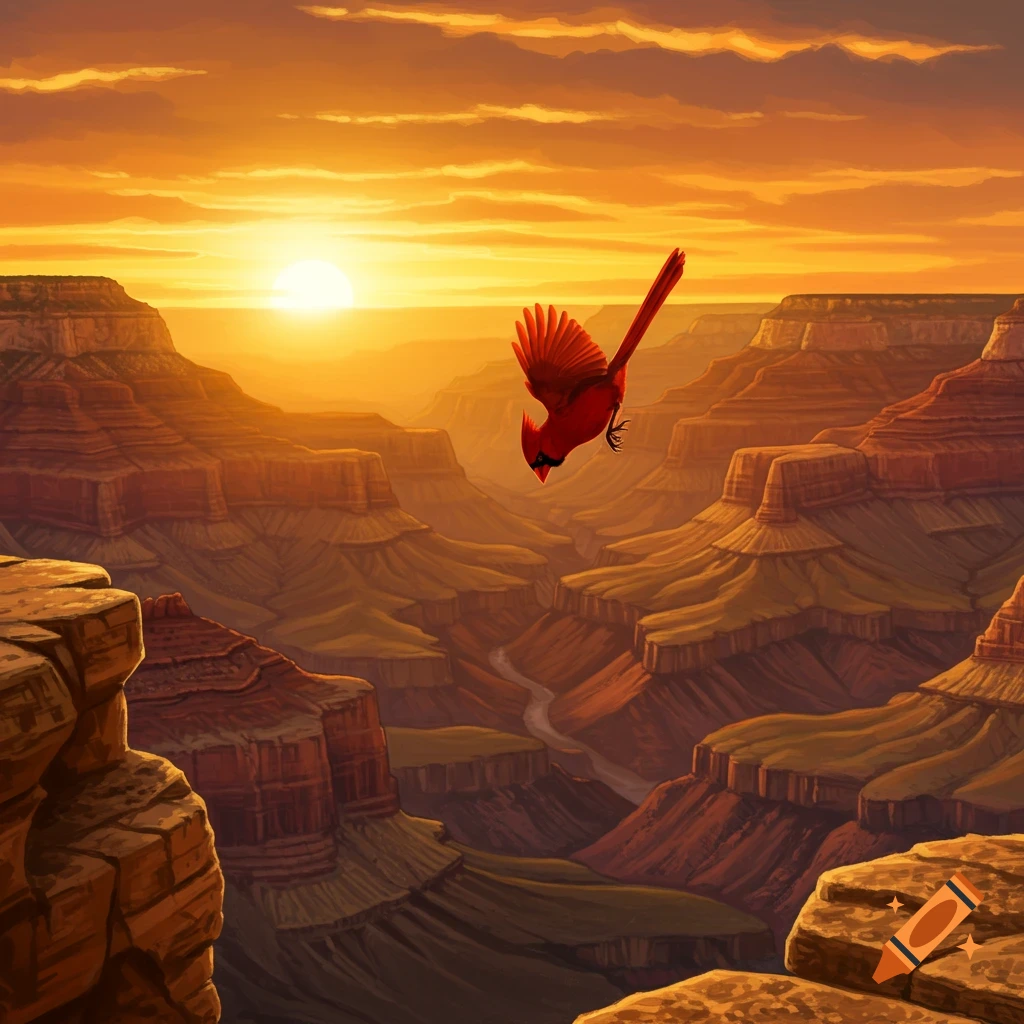 A red cardinal dives into the Grand Canyon landscape at sunset.