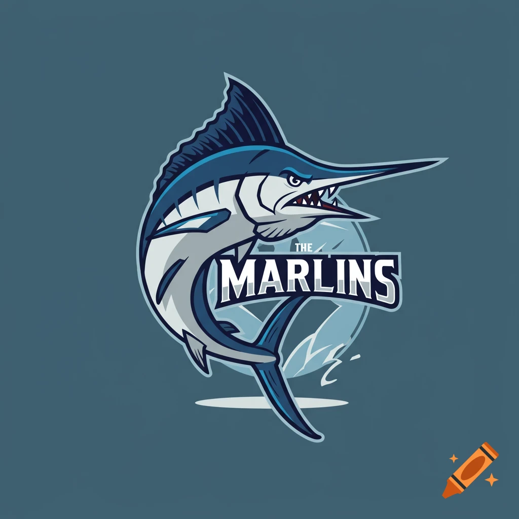 Cartoon blue marlin logo with text 'The Marlins'.