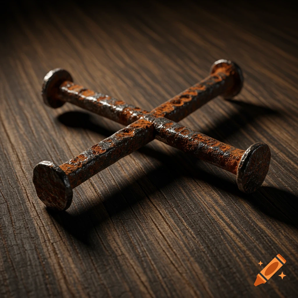 Two old rusty nails crossed on a dark wooden surface.