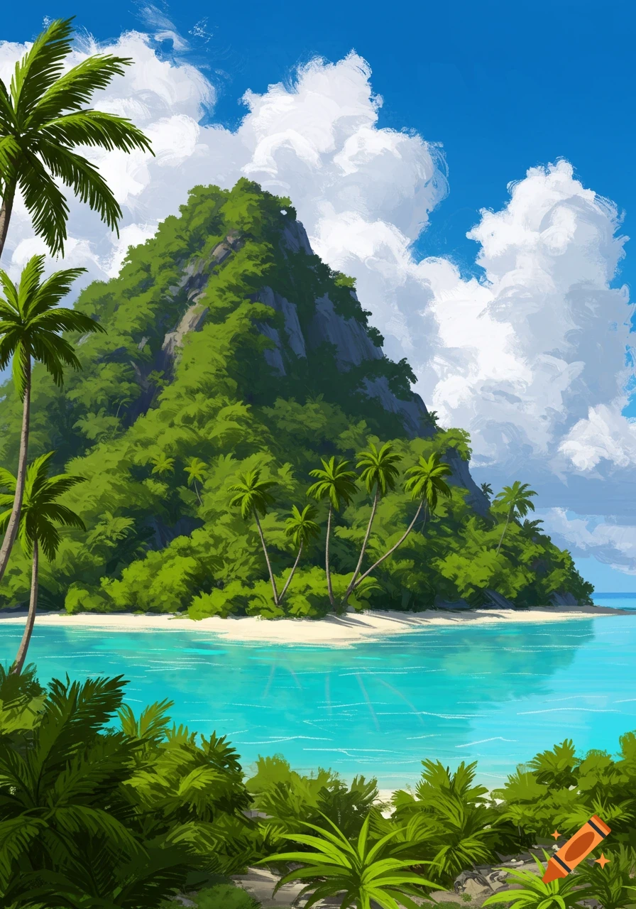 A tropical island with a beach, palm trees, and a lush green mountain.