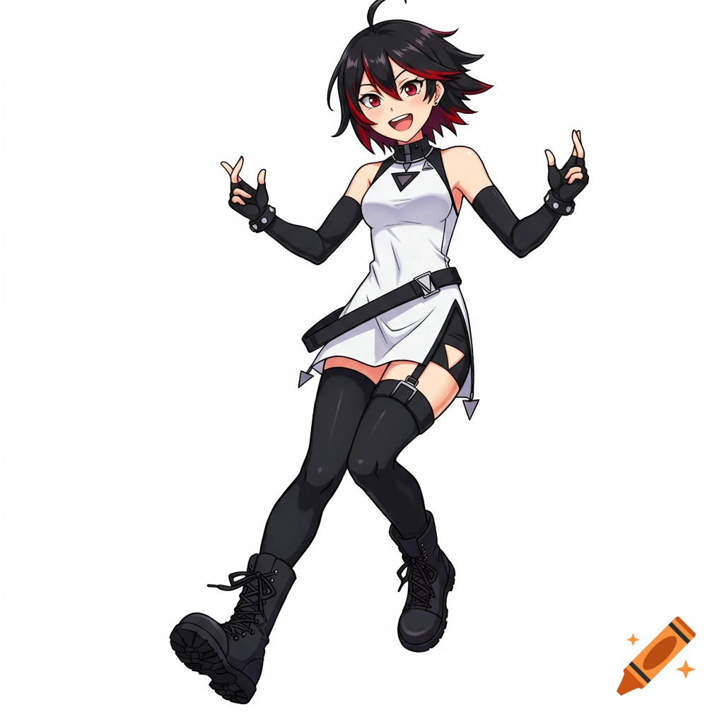 Anime female character with black hair and red tips in an energetic pose, wearing a white dress, black leggings, and combat boots.