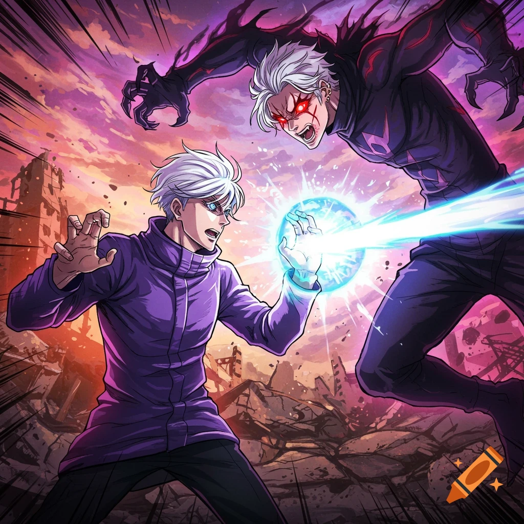 Anime characters fight with energy blasts in a destroyed city