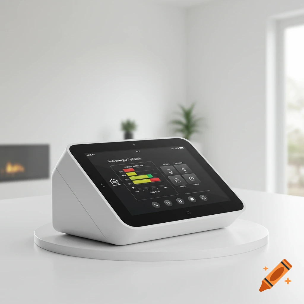 A white smart home device with a screen displaying a user interface sits on a white stand in a modern room.