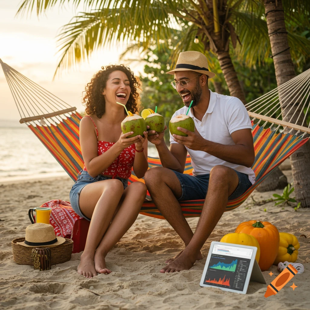 Happy couple drinks coconuts in a hammock on a beach at sunset, with a tablet showing data nearby.