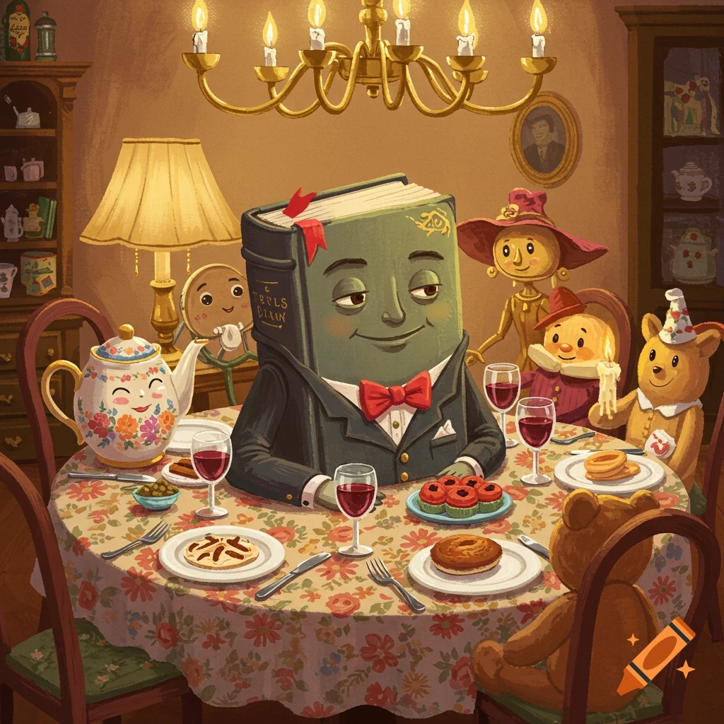 A book in a tuxedo sits at a dinner table with cartoon characters.