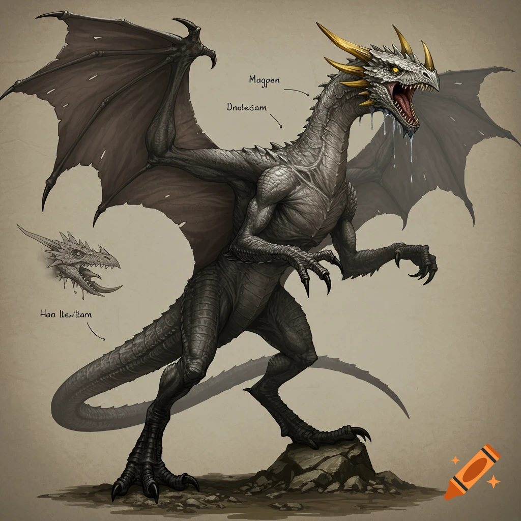 Detailed illustration of a gray dragon standing on rocks with annotations.