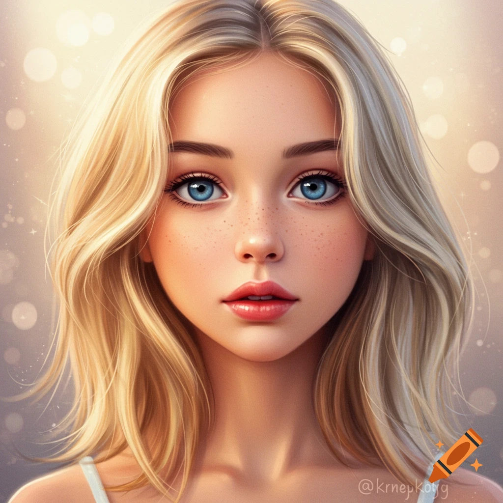 A portrait of a young woman with blonde hair and blue eyes.