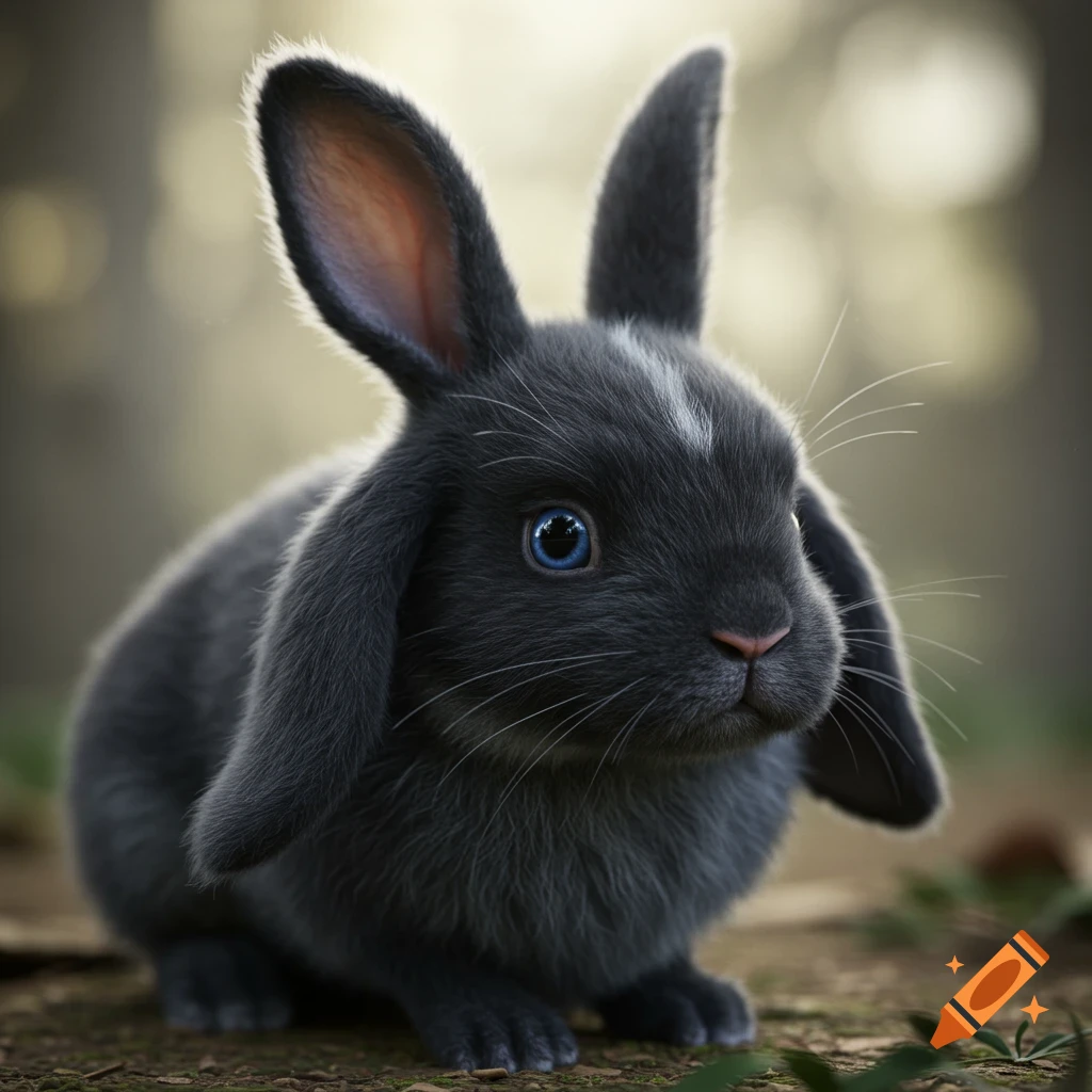 Photorealistic close-up of a dark gray floppy-eared bunny with blue eyes in an outdoor setting.