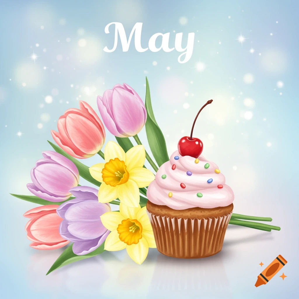 An arrangement of tulips and daffodils next to a cupcake with the word "May" above, against a sparkly blue background.