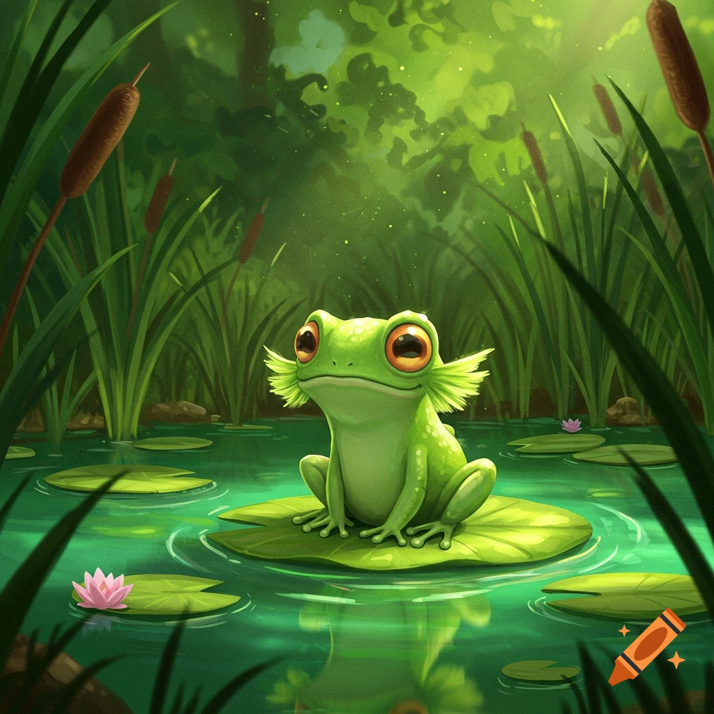 A cartoon green frog sits on a lily pad in a pond, surrounded by tall grass and lily pads.