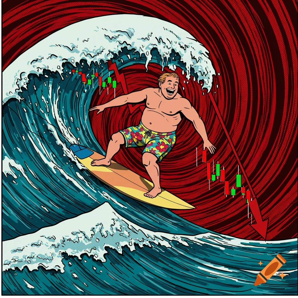 Pop art illustration of a man surfing a wave stylized as a declining stock chart.