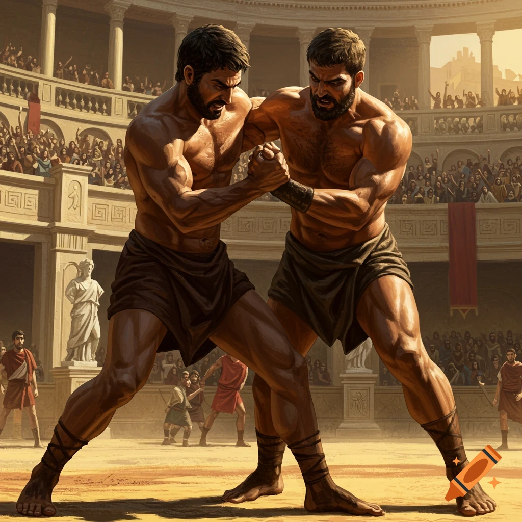 Two muscular ancient Roman men wrestling in an arena with a crowd.