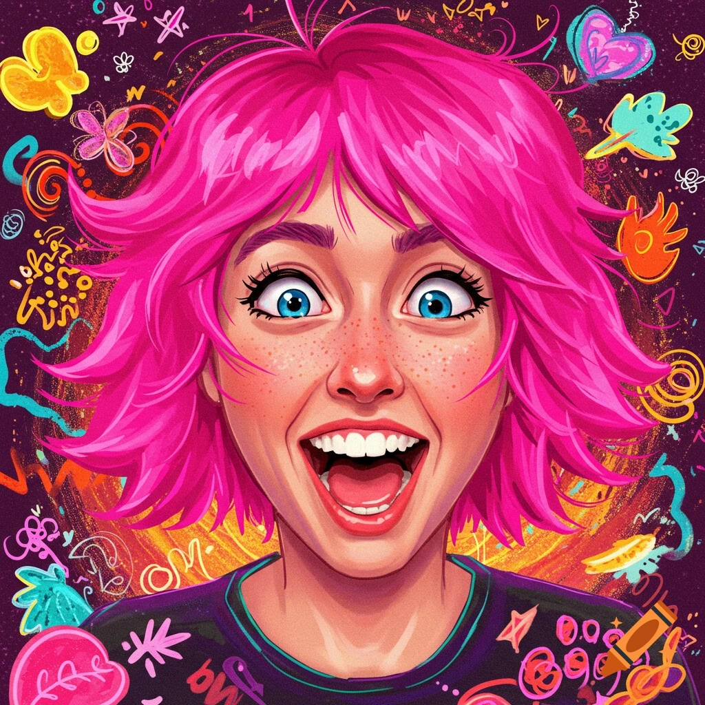 Close-up of a young person with bright pink hair looking surprised, surrounded by colorful doodles.