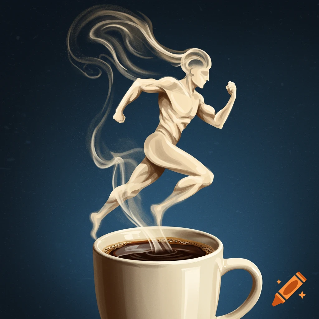 A steam figure of a runner rising from a coffee cup.
