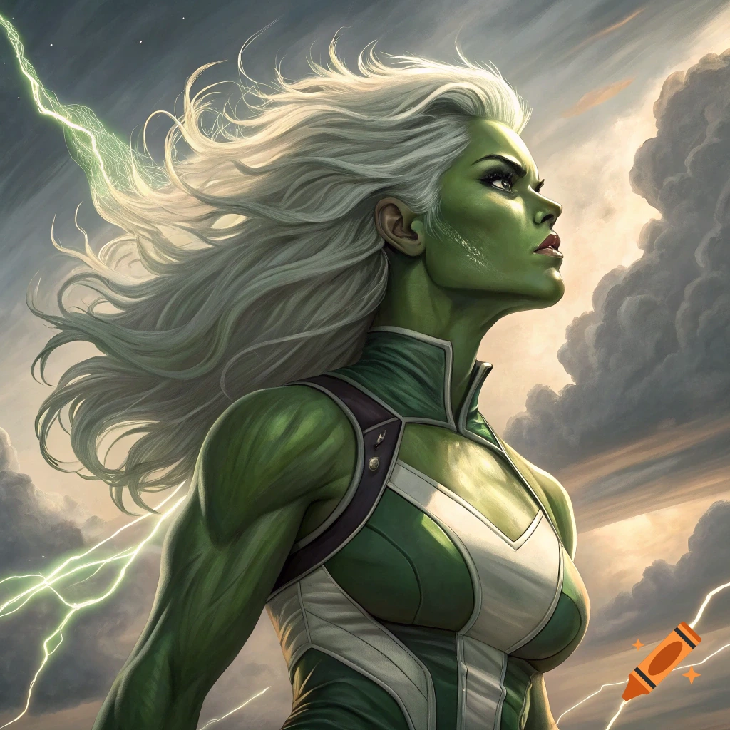 Green-skinned woman in superhero suit with white hair and lightning against a cloudy sky.