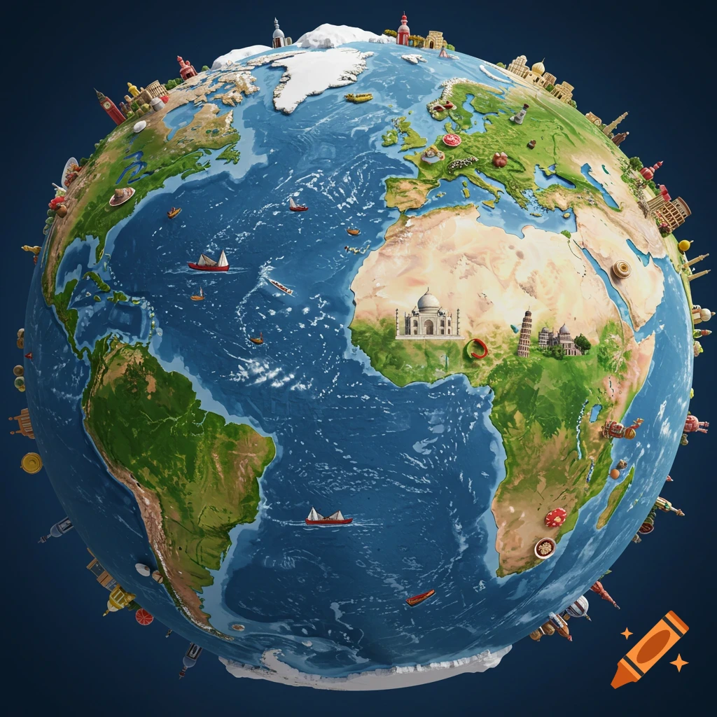 Stylized globe of Earth with miniature landmarks, ships, and food items.