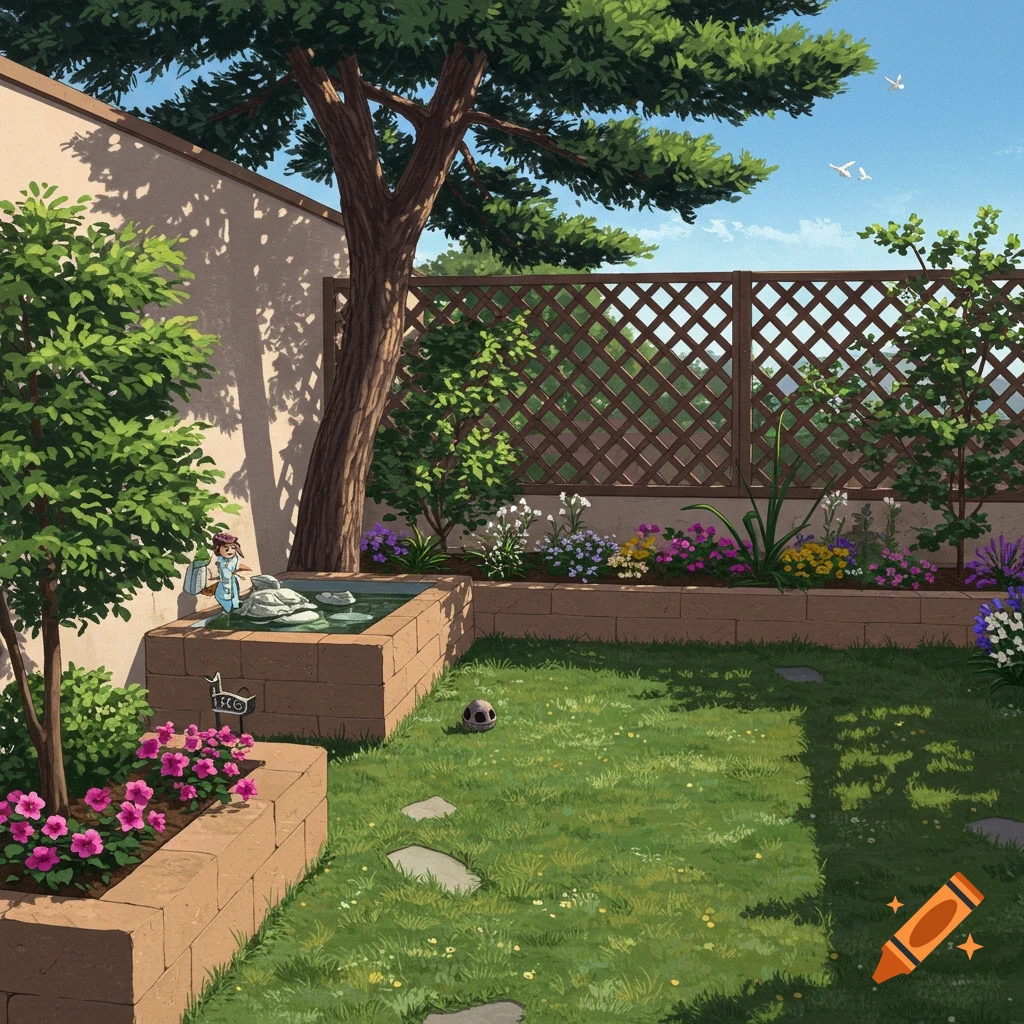 A sunny backyard garden with a small pond, colorful flowers, a leafy tree, a lattice fence, and a tiny figure.