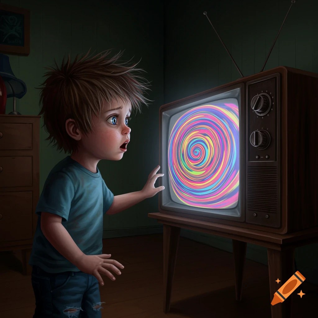 A wide-eyed child stares at a vintage TV displaying a vibrant, swirling pattern in a dimly lit room.