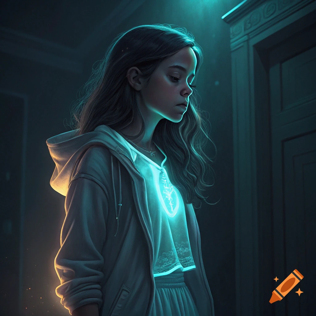 Digital art portrait of a young girl with glowing blue light on her chest