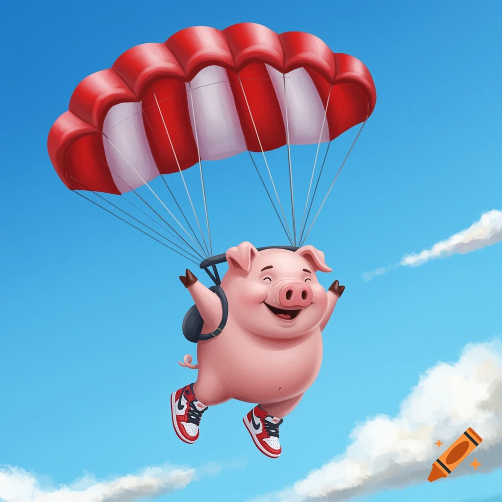 Cartoon pig skydiving with a red and white parachute and sneakers.