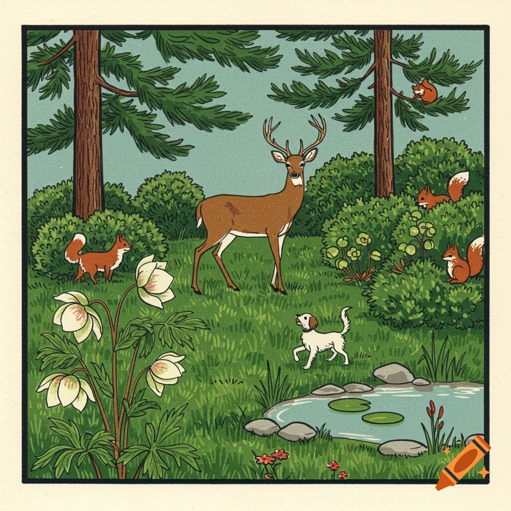 Mid-century modern illustration of a forest scene with a deer, dog, foxes, squirrels, flowers, and pond.