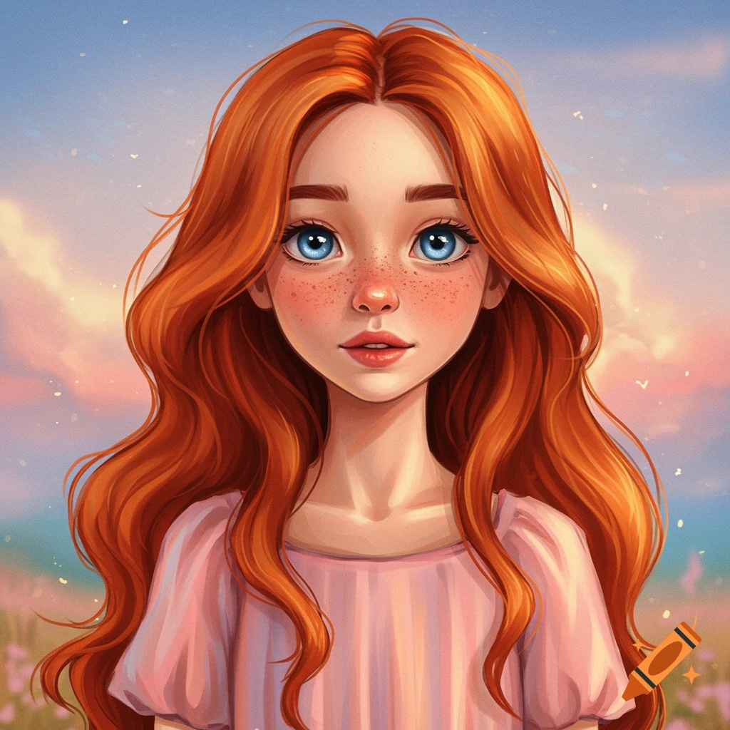 A girl with red hair and blue eyes wears a pink dress against a dreamy background.