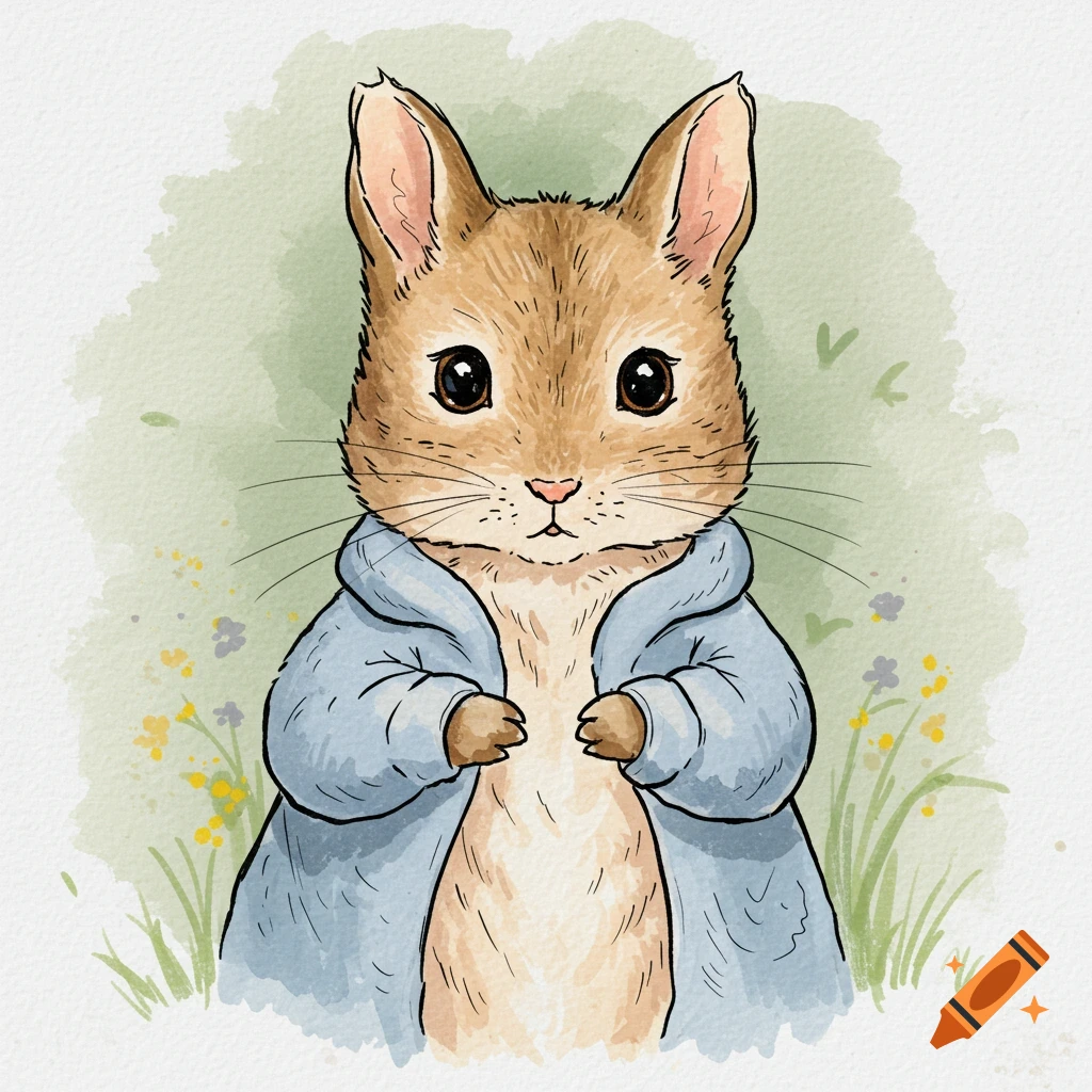 Watercolor illustration of a rabbit in a blue jacket, in the style of Beatrix Potter