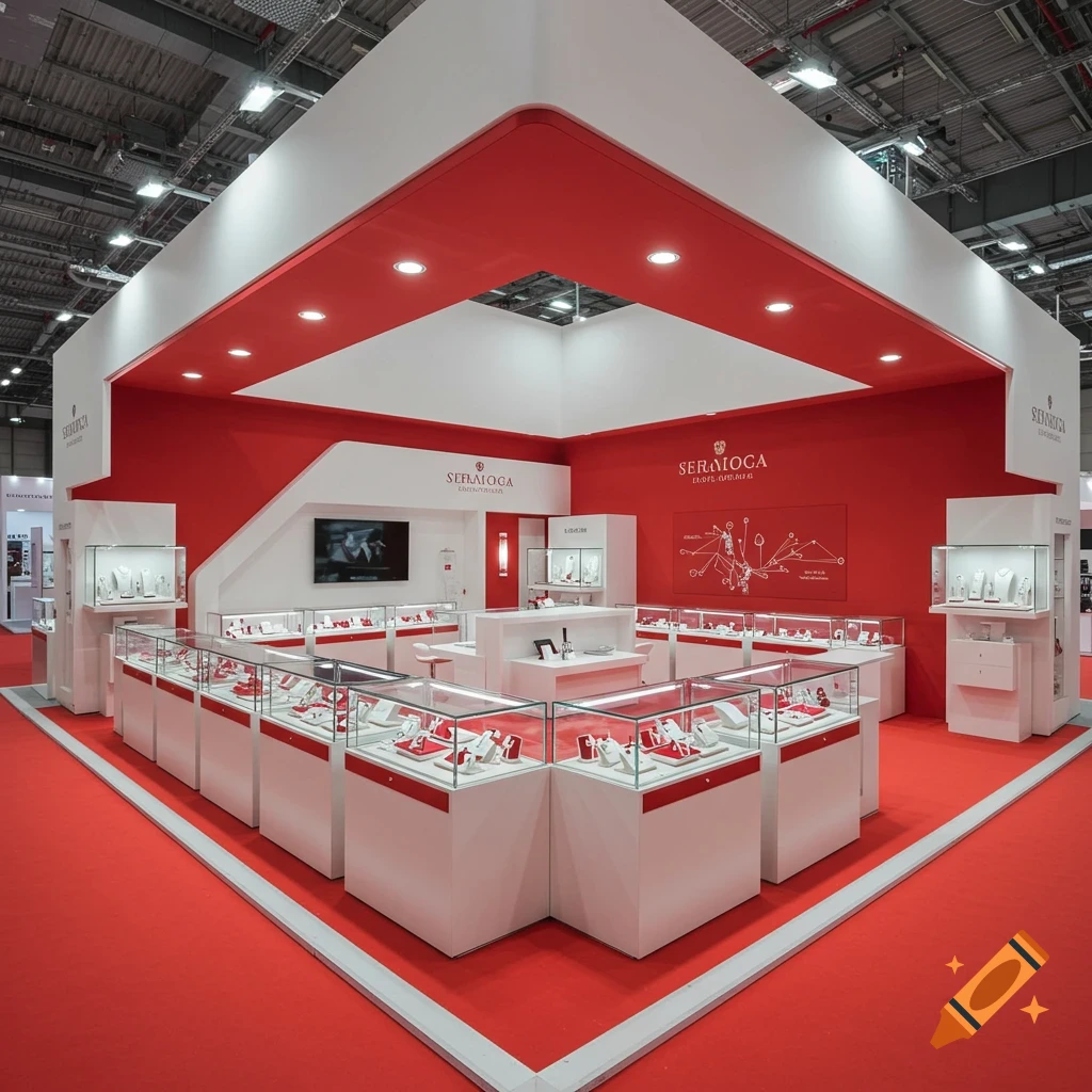 A modern jewelry exhibition booth with red and white colors and glass showcases.