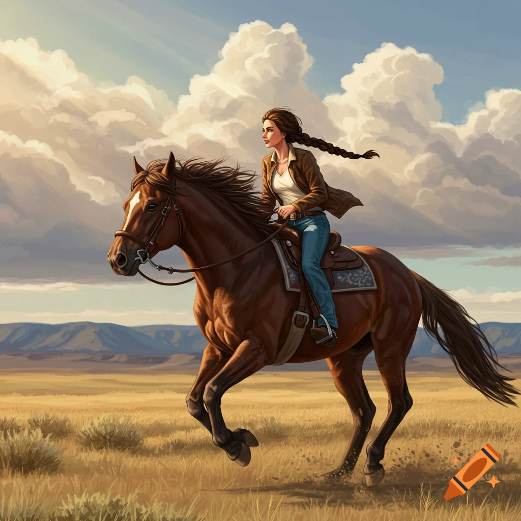 A woman riding a horse across a grassy plain under a cloudy sky.