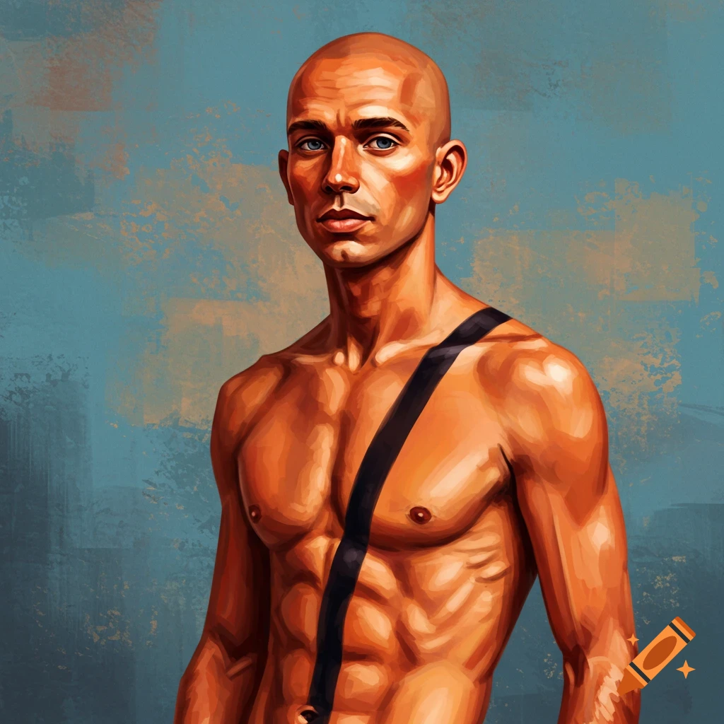 A man who is bald and muscular, with a black strap across his chest.
