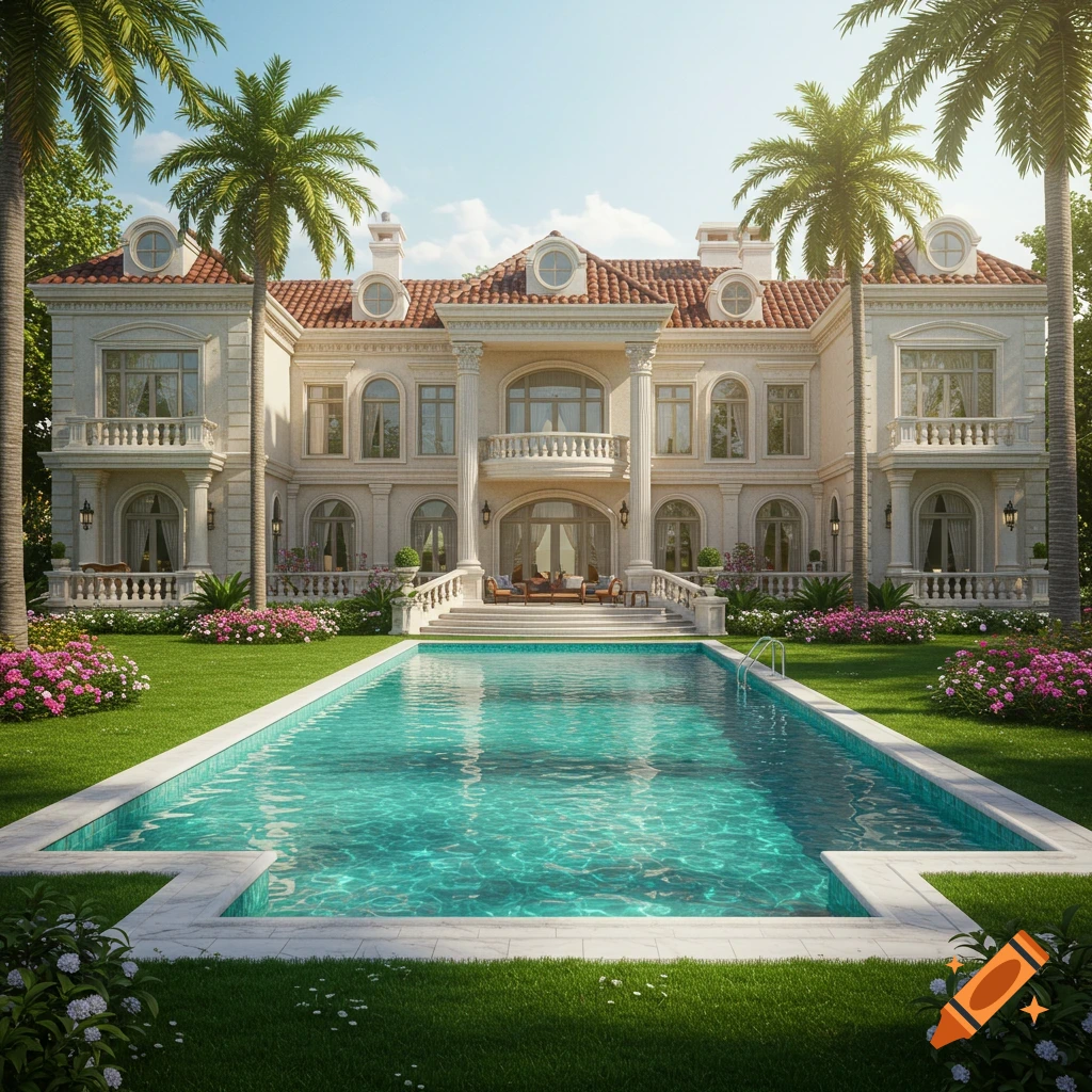 A luxurious mansion with a swimming pool and lush garden.