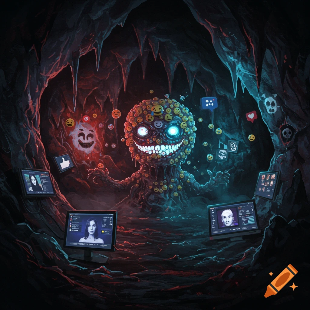 A scary creature made of social media icons in a dark cave surrounded by screens showing faces and social media symbols.