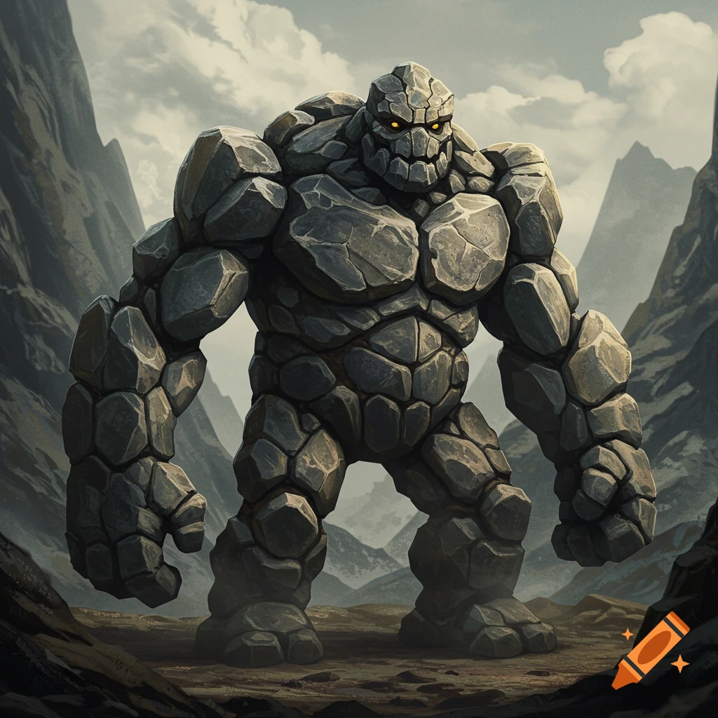 A large stone creature stands in a rocky mountain landscape.