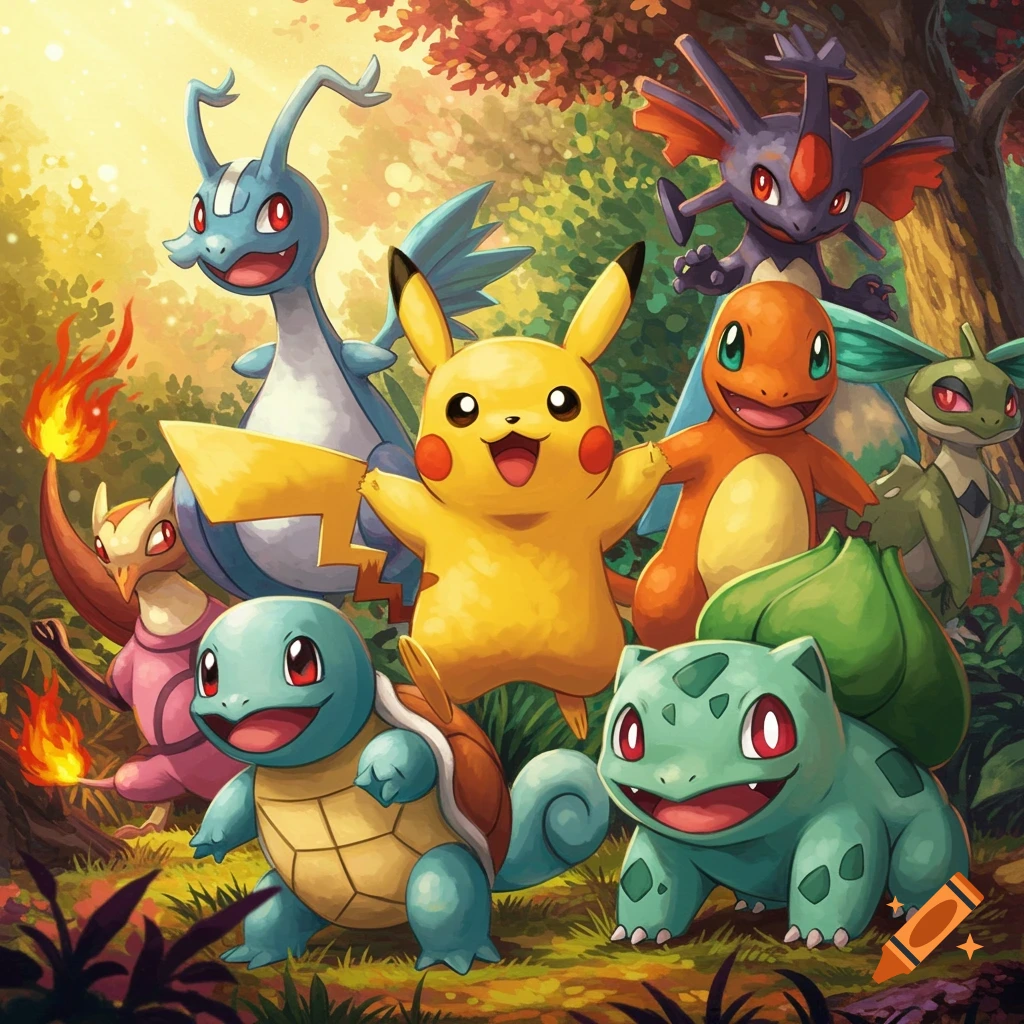 A group of Pokemon including Pikachu, Charmander, Squirtle, and Bulbasaur in an anime-style forest.