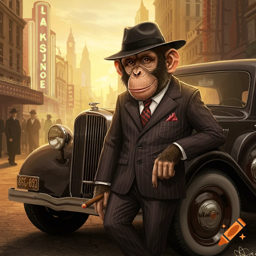 A chimpanzee in a pinstripe suit and fedora leans on a vintage car