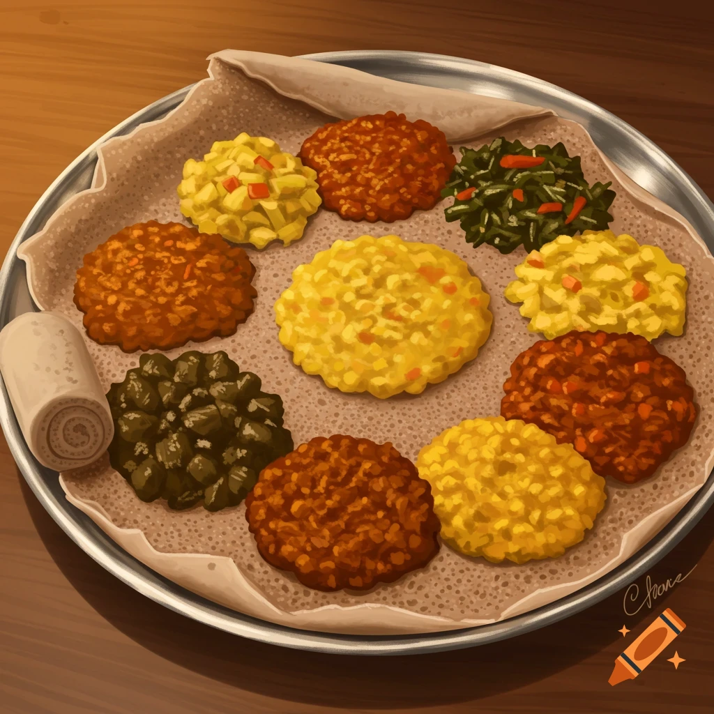 Ethiopian injera is served on a platter with various colorful stews.